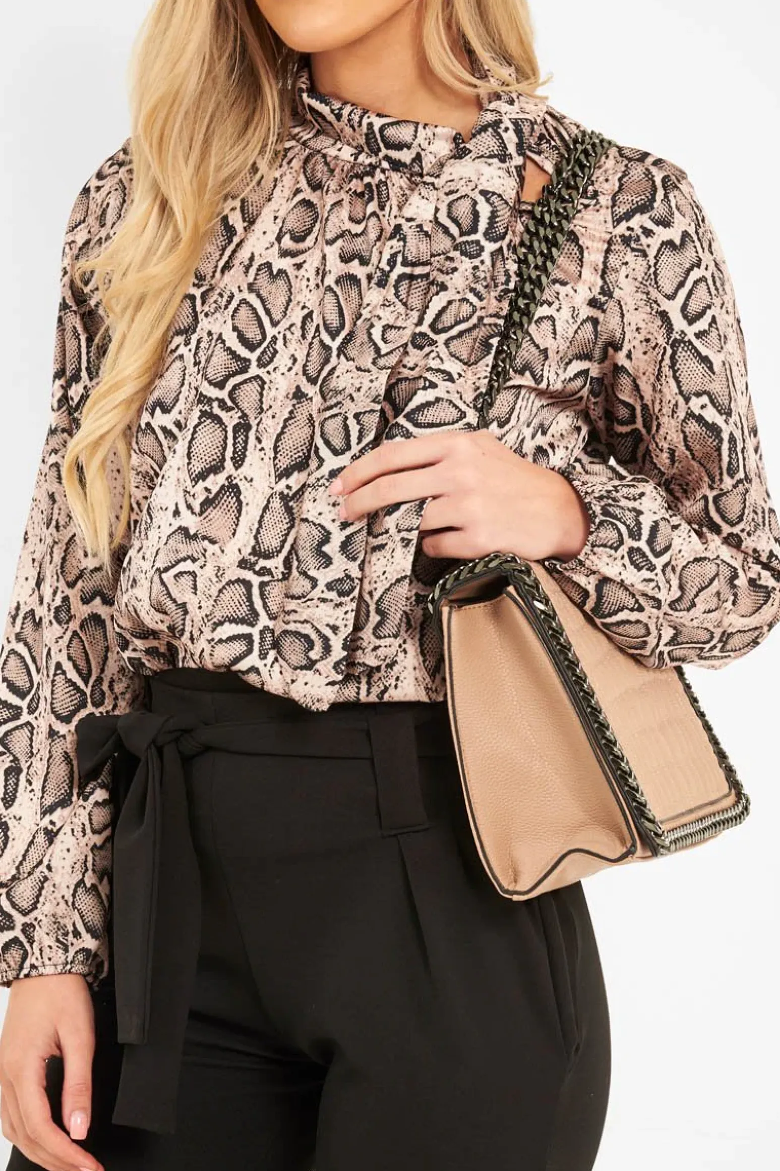 Rebellious Fashion Beige Snake Print Satin Long Sleeve Bow Shirt - Abrah