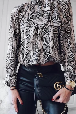 Rebellious Fashion Beige Snake Print Satin Long Sleeve Bow Shirt - Abrah