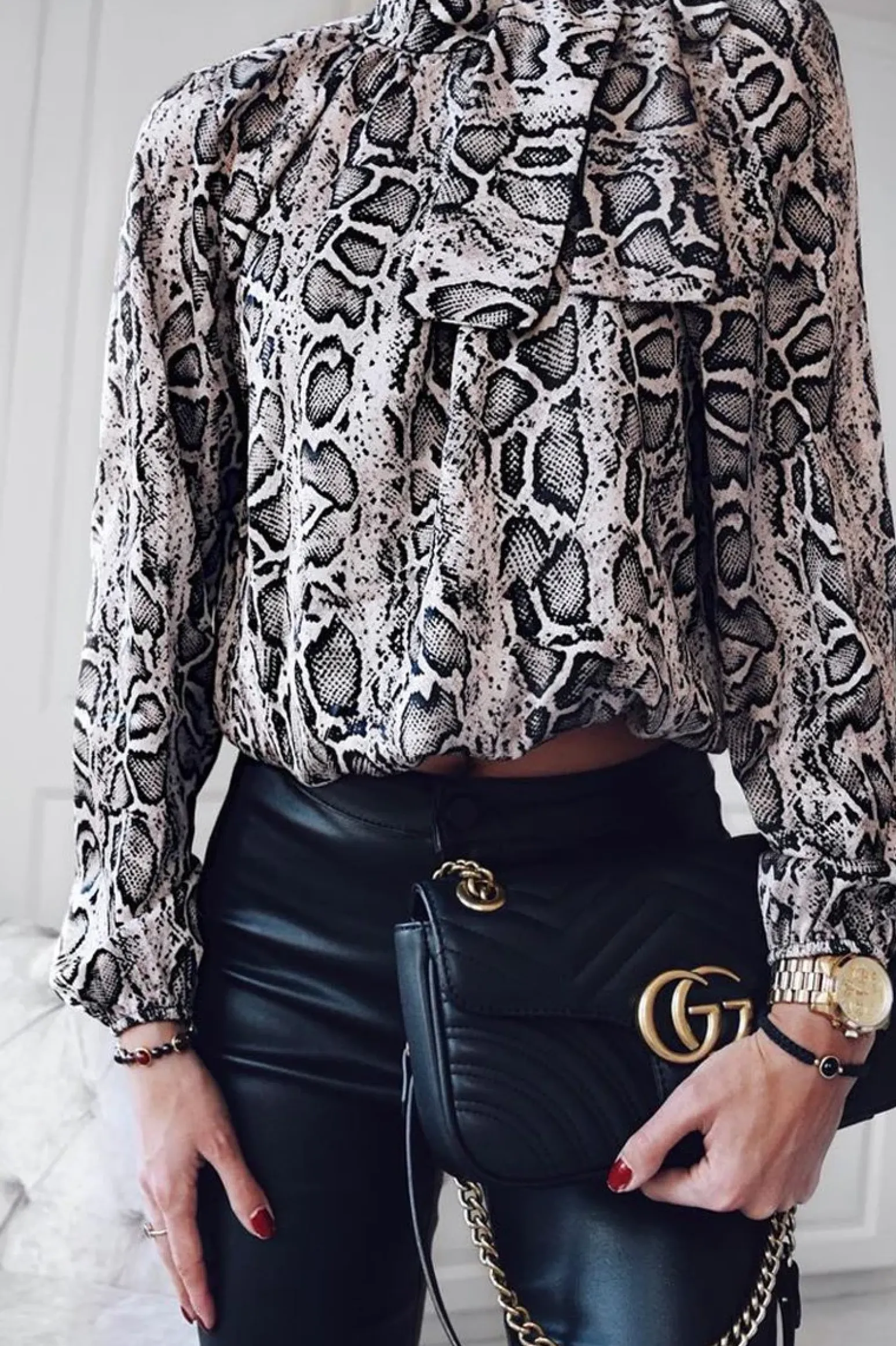 Rebellious Fashion Beige Snake Print Satin Long Sleeve Bow Shirt - Abrah