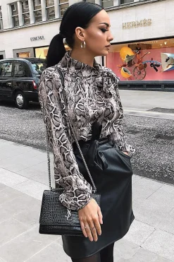 Rebellious Fashion Beige Snake Print Satin Long Sleeve Bow Shirt - Abrah