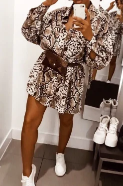 Rebellious Fashion Beige Snake Print Shirt Dress - Haigen