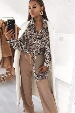 Rebellious Fashion Beige Snake Print Shirt Dress - Haigen