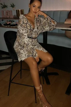 Rebellious Fashion Beige Snake Print Shirt Dress - Haigen