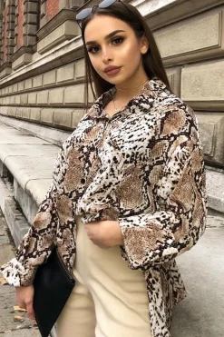 Rebellious Fashion Beige Snake Print Shirt Dress - Haigen