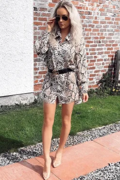 Rebellious Fashion Beige Snake Print Shirt Dress - Haigen