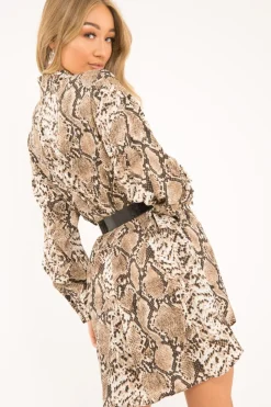 Rebellious Fashion Beige Snake Print Shirt Dress - Haigen