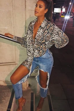 Rebellious Fashion Beige Snake Print Shirt Dress - Haigen