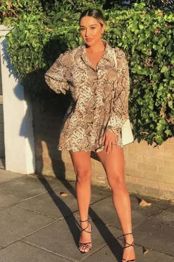 Rebellious Fashion Beige Snake Print Shirt Dress - Haigen