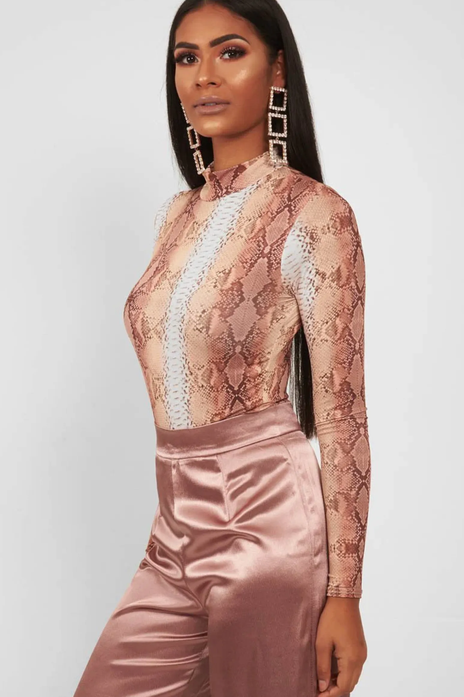Rebellious Fashion Beige Snake Print Slinky High Neck Bodysuit - Abira