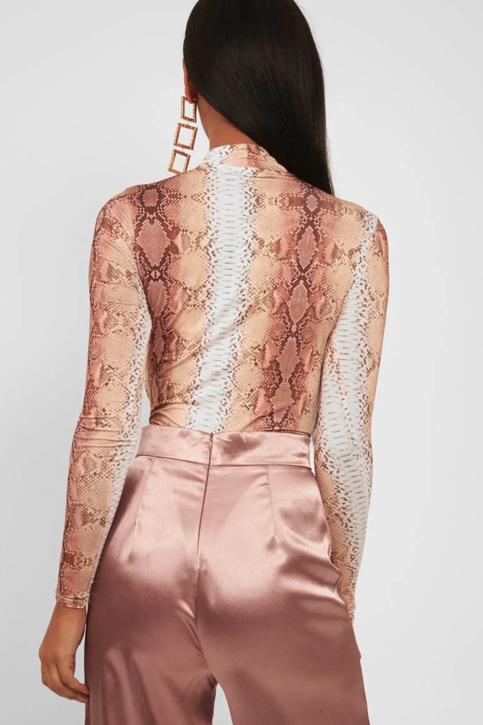 Rebellious Fashion Beige Snake Print Slinky High Neck Bodysuit - Abira