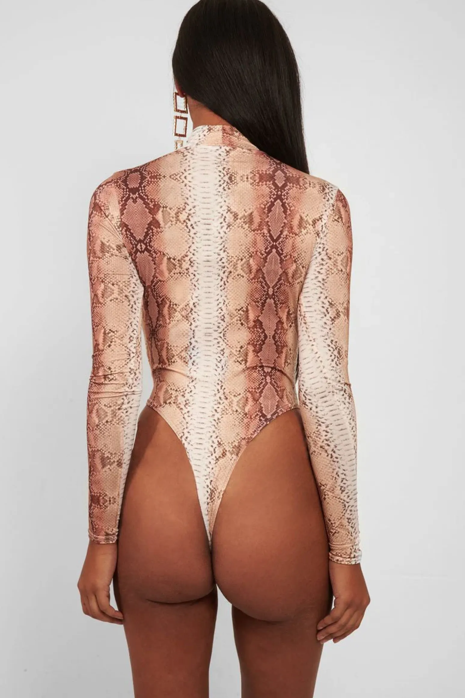 Rebellious Fashion Beige Snake Print Slinky High Neck Bodysuit - Abira