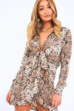 Rebellious Fashion Beige Snake Print Tie Front Plunge Wrap Shirt Dress - Bexlee