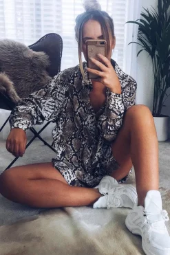 Rebellious Fashion Beige Snake Print Tie Front Plunge Wrap Shirt Dress - Bexlee