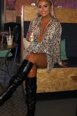 Rebellious Fashion Beige Snake Print Tie Front Plunge Wrap Shirt Dress - Bexlee