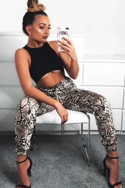 Rebellious Fashion Beige Snake Print Tie Waist Cuffed Trousers - Annica