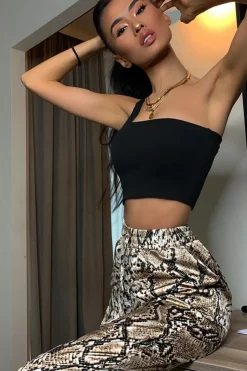 Rebellious Fashion Beige Snake Print Tie Waist Cuffed Trousers - Annica