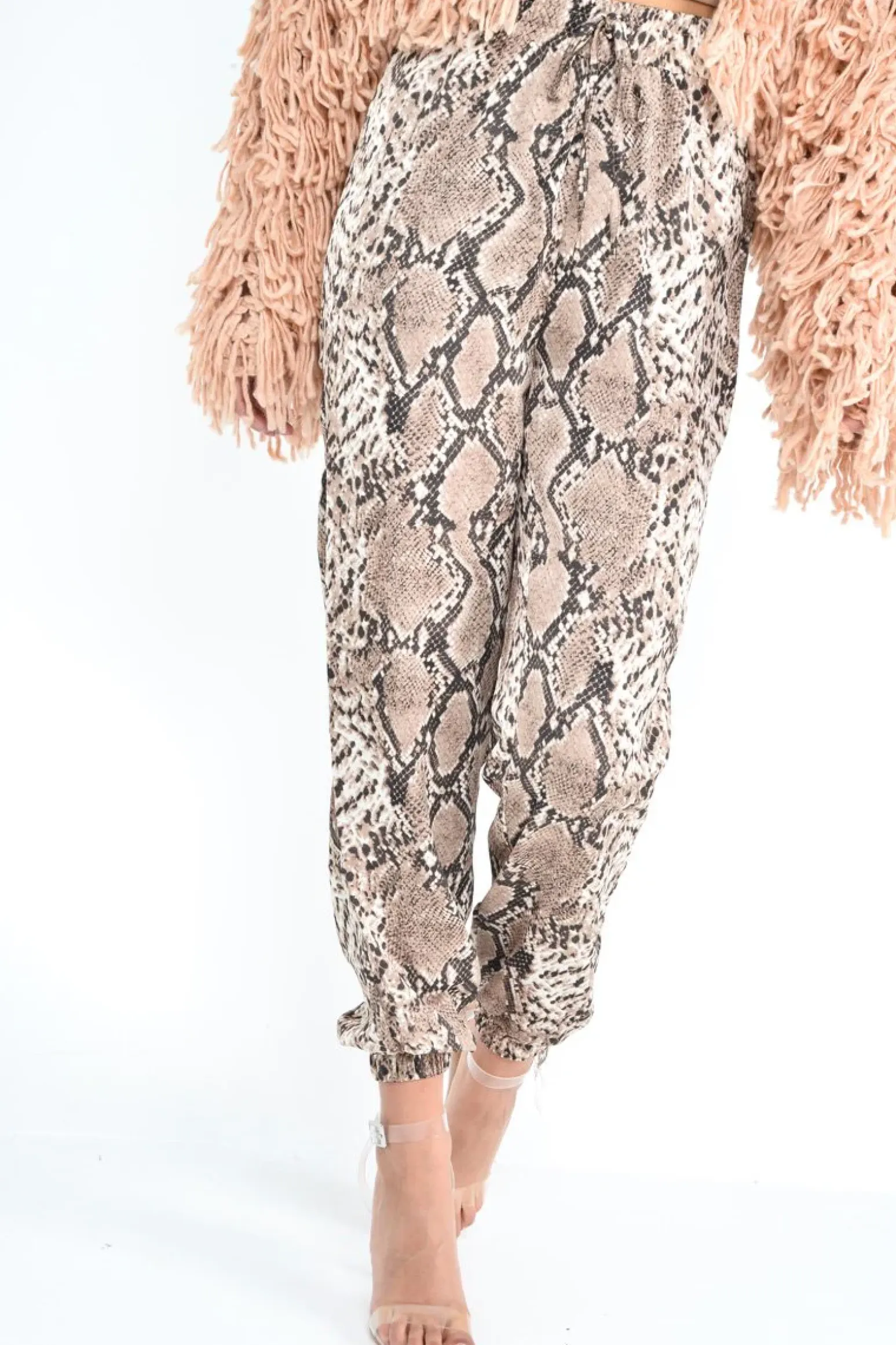 Rebellious Fashion Beige Snake Print Tie Waist Cuffed Trousers - Annica