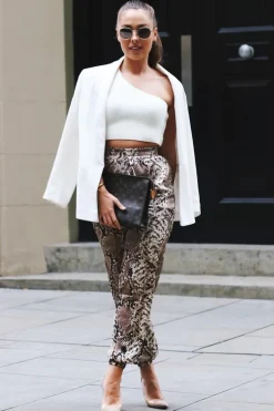 Rebellious Fashion Beige Snake Print Tie Waist Cuffed Trousers - Annica