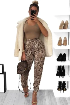 Rebellious Fashion Beige Snake Print Tie Waist Cuffed Trousers - Annica