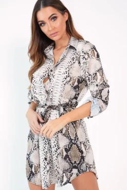 Rebellious Fashion Beige Snake Print Tie Waist Shirt Dress - Yalina