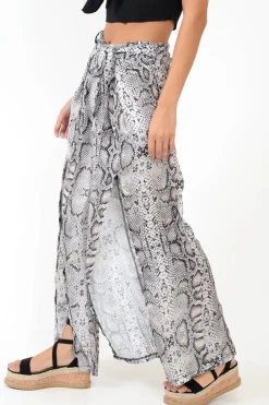 Rebellious Fashion Beige Snake Print Wide Leg Belted Trousers - Brooklinn