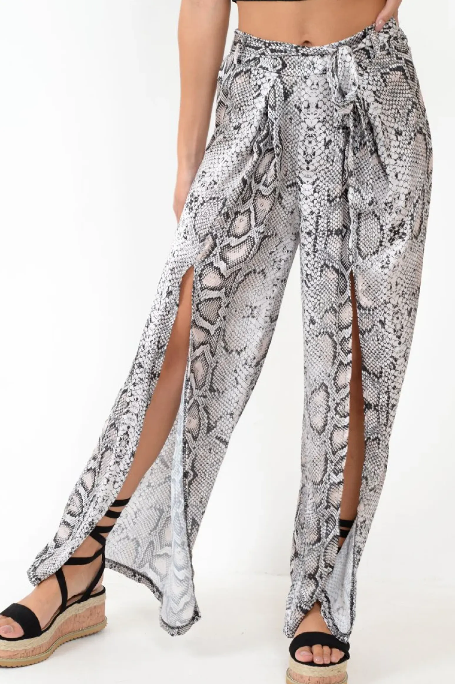 Rebellious Fashion Beige Snake Print Wide Leg Belted Trousers - Brooklinn