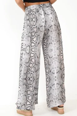 Rebellious Fashion Beige Snake Print Wide Leg Belted Trousers - Brooklinn