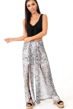 Rebellious Fashion Beige Snake Print Wide Leg Belted Trousers - Brooklinn