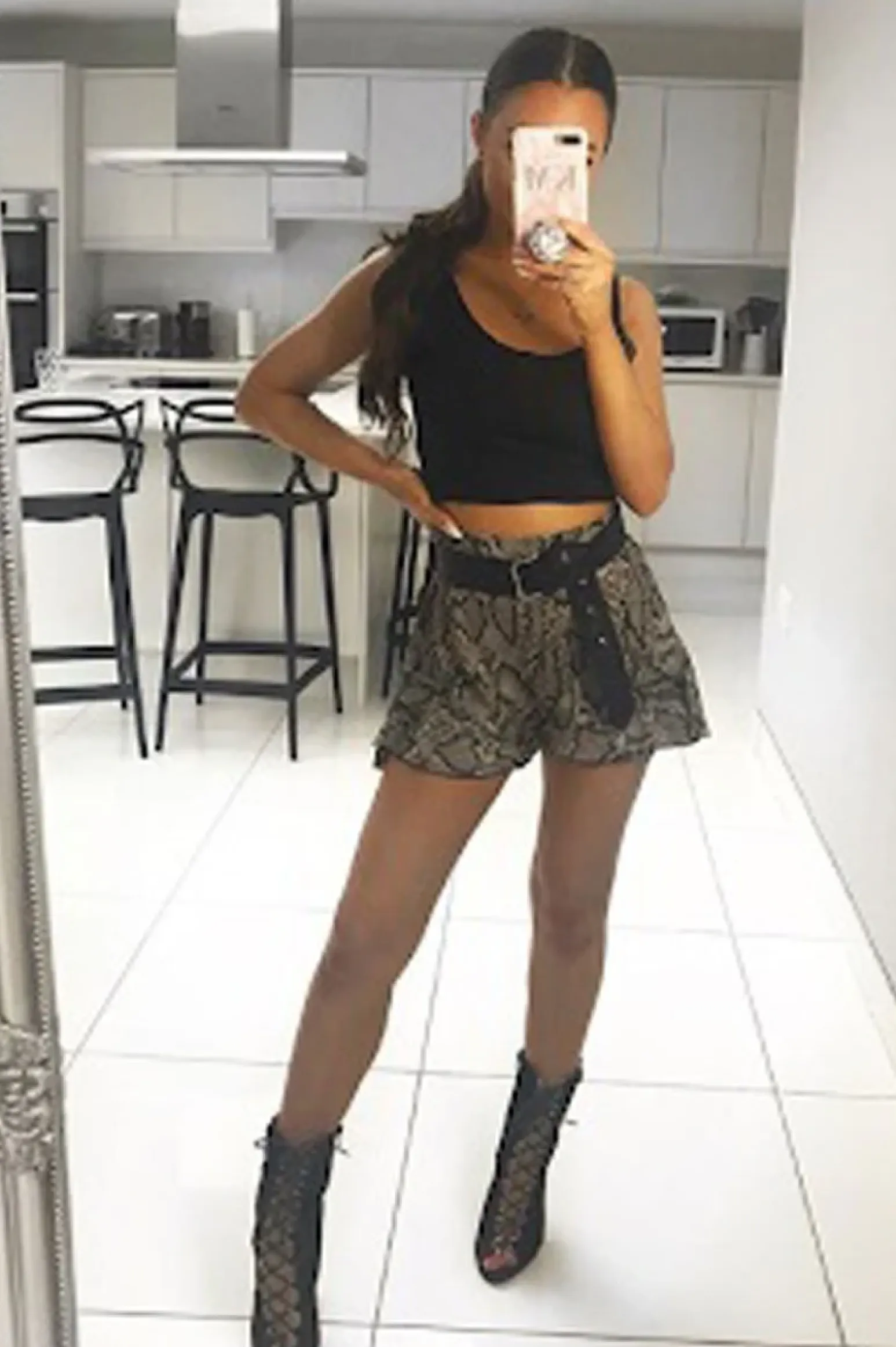 Rebellious Fashion Beige Snake Print Woven Tie Front Ruffle Shorts - Mccall