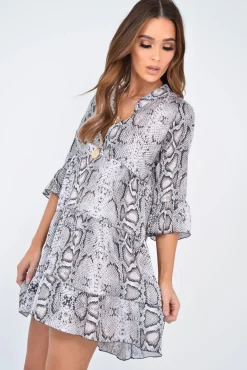 Rebellious Fashion Beige Snake Satin Flute Sleeve Shift Dress - Khloey