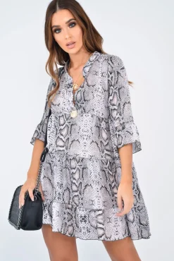 Rebellious Fashion Beige Snake Satin Flute Sleeve Shift Dress - Khloey