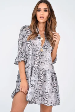 Rebellious Fashion Beige Snake Satin Flute Sleeve Shift Dress - Khloey