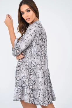 Rebellious Fashion Beige Snake Satin Flute Sleeve Shift Dress - Khloey