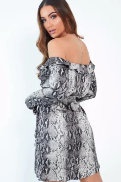 Rebellious Fashion Beige Snake Satin Plunge Tie Waist Shirt Dress - Coletta