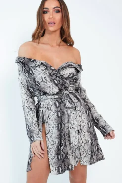 Rebellious Fashion Beige Snake Satin Plunge Tie Waist Shirt Dress - Coletta