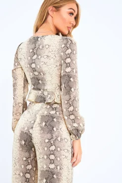 Rebellious Fashion Beige Snake Tie Front Crop Top -Faye