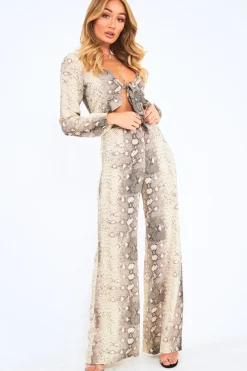 Rebellious Fashion Beige Snake Tie Front Crop Top -Faye