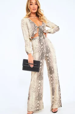 Rebellious Fashion Beige Snake Wide Leg Trousers - Finley