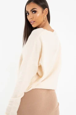 Rebellious Fashion Beige Soft Knit Asymmetric Hem Jumper - Francia