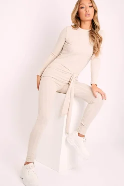 Rebellious Fashion Beige Soft Touch Belted Loungewear Set - Haizley