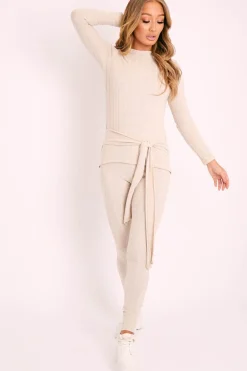 Rebellious Fashion Beige Soft Touch Belted Loungewear Set - Haizley