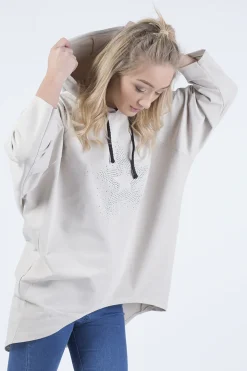 Rebellious Fashion Beige Star Diamante Oversized Hoodie - Sarah