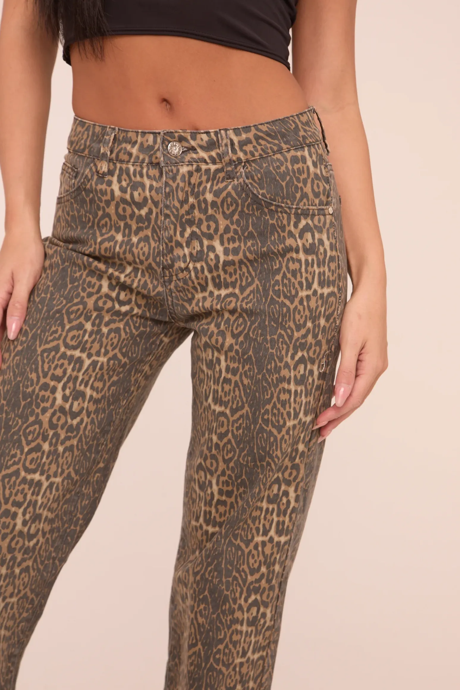 Rebellious Fashion Beige Stretch Leopard Print Mid Waist Straight Leg Denim Jeans - Denise