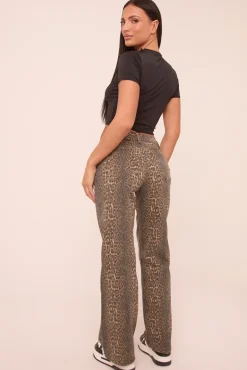 Rebellious Fashion Beige Stretch Leopard Print Mid Waist Straight Leg Denim Jeans - Denise