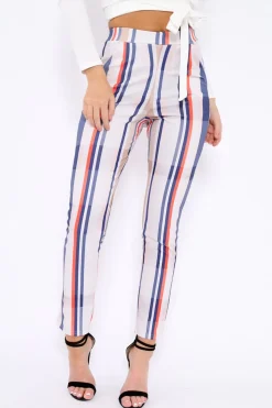 Rebellious Fashion Beige Striped Tapered Trousers - Jasmyn