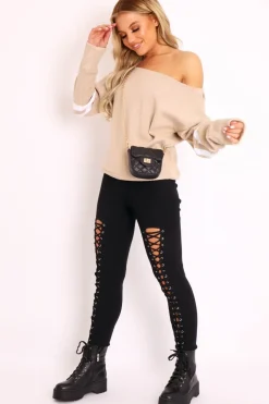 Rebellious Fashion Beige Stripe Off Shoulder Knit Jumper - Fifi