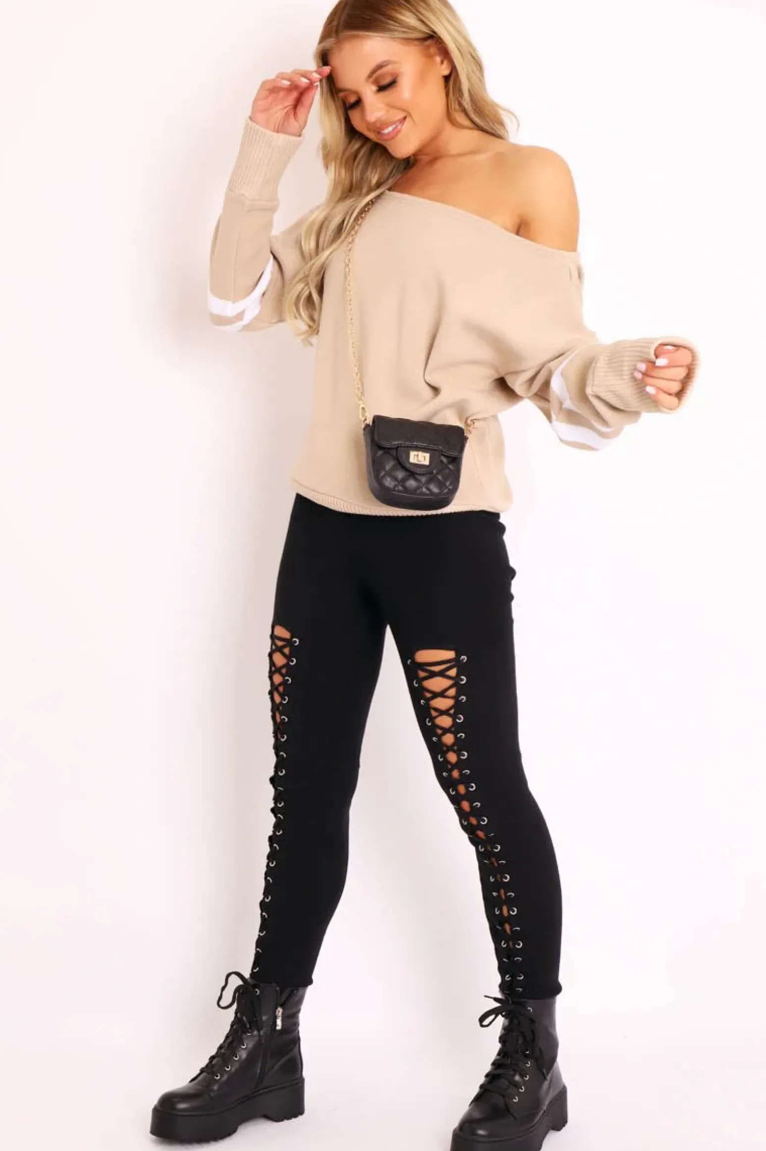 Rebellious Fashion Beige Stripe Off Shoulder Knit Jumper - Fifi