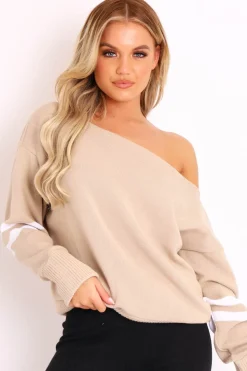 Rebellious Fashion Beige Stripe Off Shoulder Knit Jumper - Fifi
