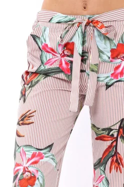 Rebellious Fashion Beige Stripe trousers with floral print - Venice
