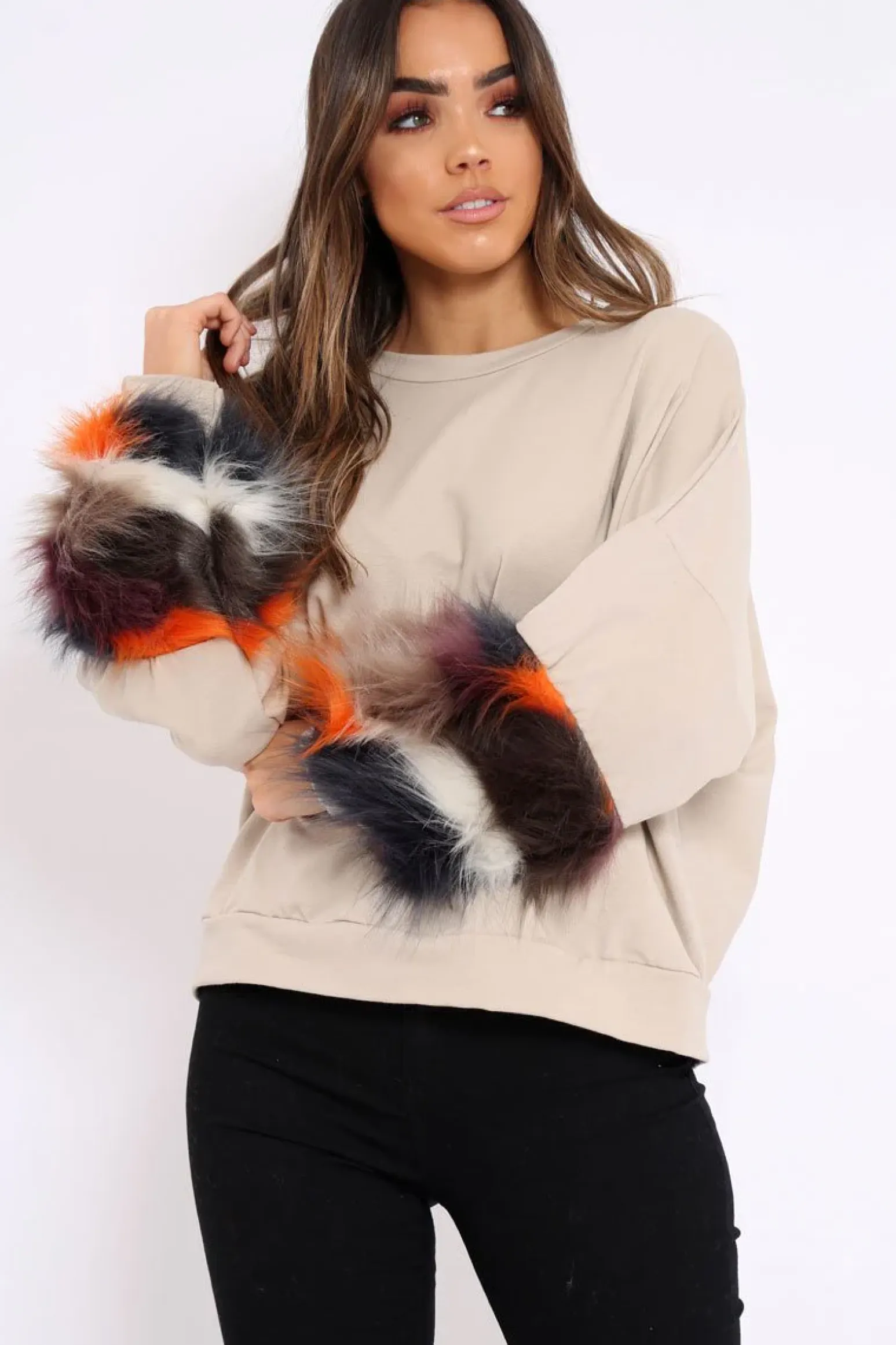 Rebellious Fashion Beige Sweatshirt with Multicolour Fur Sleeves - Loise